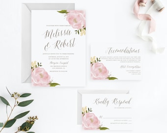 Printable Wedding Invitation Set Template - DIY Watercolor Blush Pink Peonies Wedding Invitation, RSVP & Enclosure Card - Instant Download