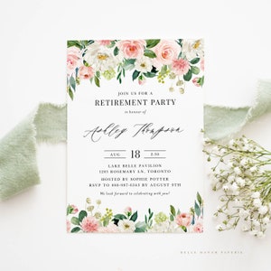 Modelo de convite para festa de aposentadoria floral de primavera para impressão - Faça você mesmo em aquarela Flores de primavera Evite festa de aposentadoria - Convite editável PWF65