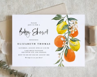 Printable Citrus Baby Shower Invitation Template - Lemons and Oranges Botanical Baby Shower Evite - Editable Lemon Baby Shower Invite BC85