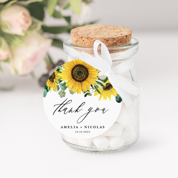Printable Sunflower Wedding Favor Tags Template - Sunflower Eucalyptus Thank You Favor Tags - Editable Sunflower Square and Circle Tags SE35