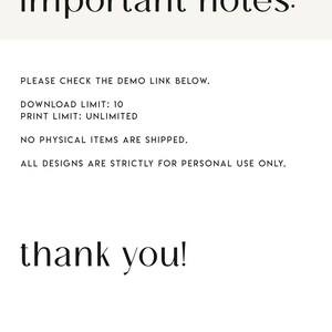 May include: Important notes: Please check the demo link below. Download limit: 10. Print limit: unlimited. No physical items are shipped. All designs are strictly for personal use only. Thank you!