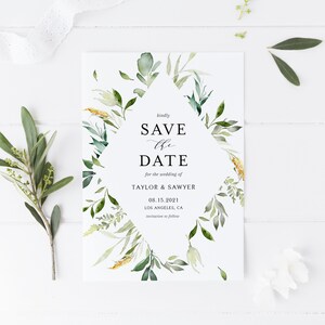Printable Greenery Save the Date Template - DIY Watercolor Greenery Diamond Frame Wedding Date Announcement - Editable, DIY, Templett GDF35