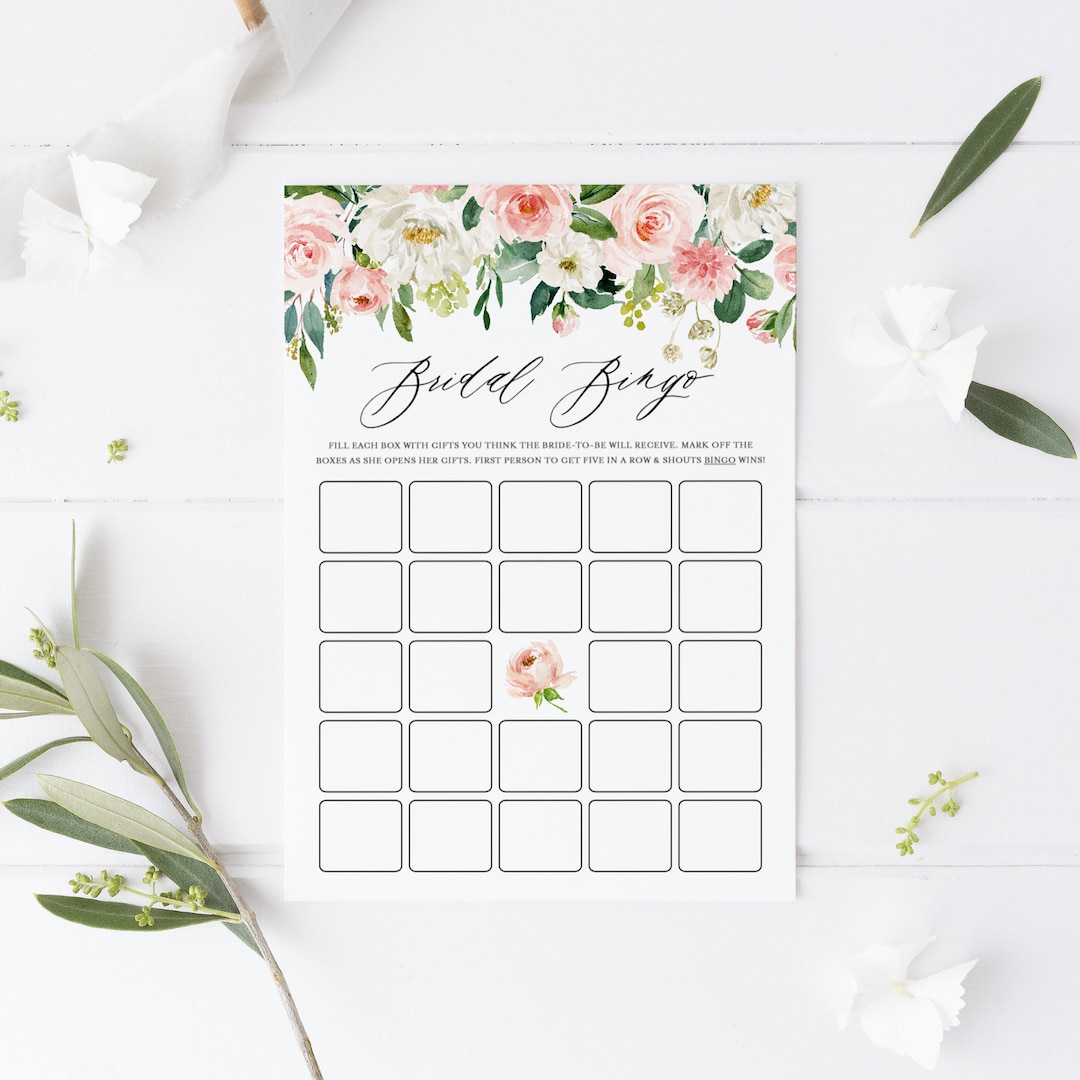 Printable Bridal Shower Bingo Card Watercolor Pink and White Floral ...