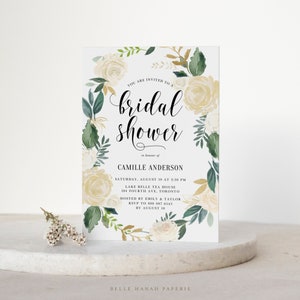 Printable Floral Wreath Bridal Shower Invitation Template - DIY Watercolor Ivory Peony Gold Foil Bridal Shower Evite - Editable Invite GP78