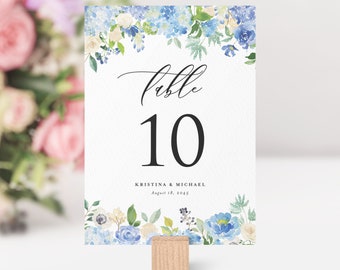 Printable Hyrangea Table Numbers Template - DIY Watercolor Blue Hydrangea & Ivory Rose Wedding Table Numbers Card - Editable Table Card 024