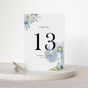 Printable Lighthouse Wedding Table Number Card Template - 5x7 Watercolor Light House Blue Floral Table Number Card - DIY Table Numbers LH85