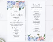 Printable Floral Wedding Programs Template - 4x9 DIY Blue Hydrangea & Pink Rose Floral Order of Ceremony Programs - Editable Programs BHR5