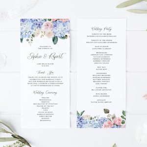 May include: Wedding ceremony program with blue and pink floral designs. The program includes the names of the bride and groom, Sophie and Rupert, the wedding date, and the wedding party.