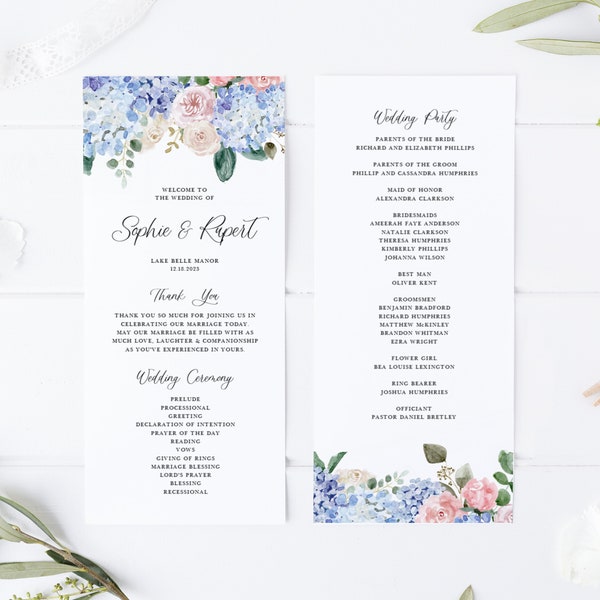 Printable Floral Wedding Programs Template - 4x9 DIY Blue Hydrangea & Pink Rose Floral Order of Ceremony Programs - Editable Programs BHR5