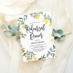 Printable Boho Lemon Wreath Rehearsal Dinner Invitation Template - Rustic Watercolor Lemon Wreath Rehearsal Dinner Invite - DIY Invite BLW1