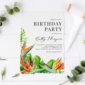 Birds of Paradise Birthday Party Invitation Template - Printable Watercolor Birds of Paradise Tropical Floral Summer Sweet 16 Invite - BP96