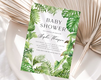 May include: A tropical-themed baby shower invitation with green foliage and the text "BABY SHOWER" and "Let's celebrate the mom-to-be Sophie Thompson". The invitation includes the date, time, location, and RSVP information.