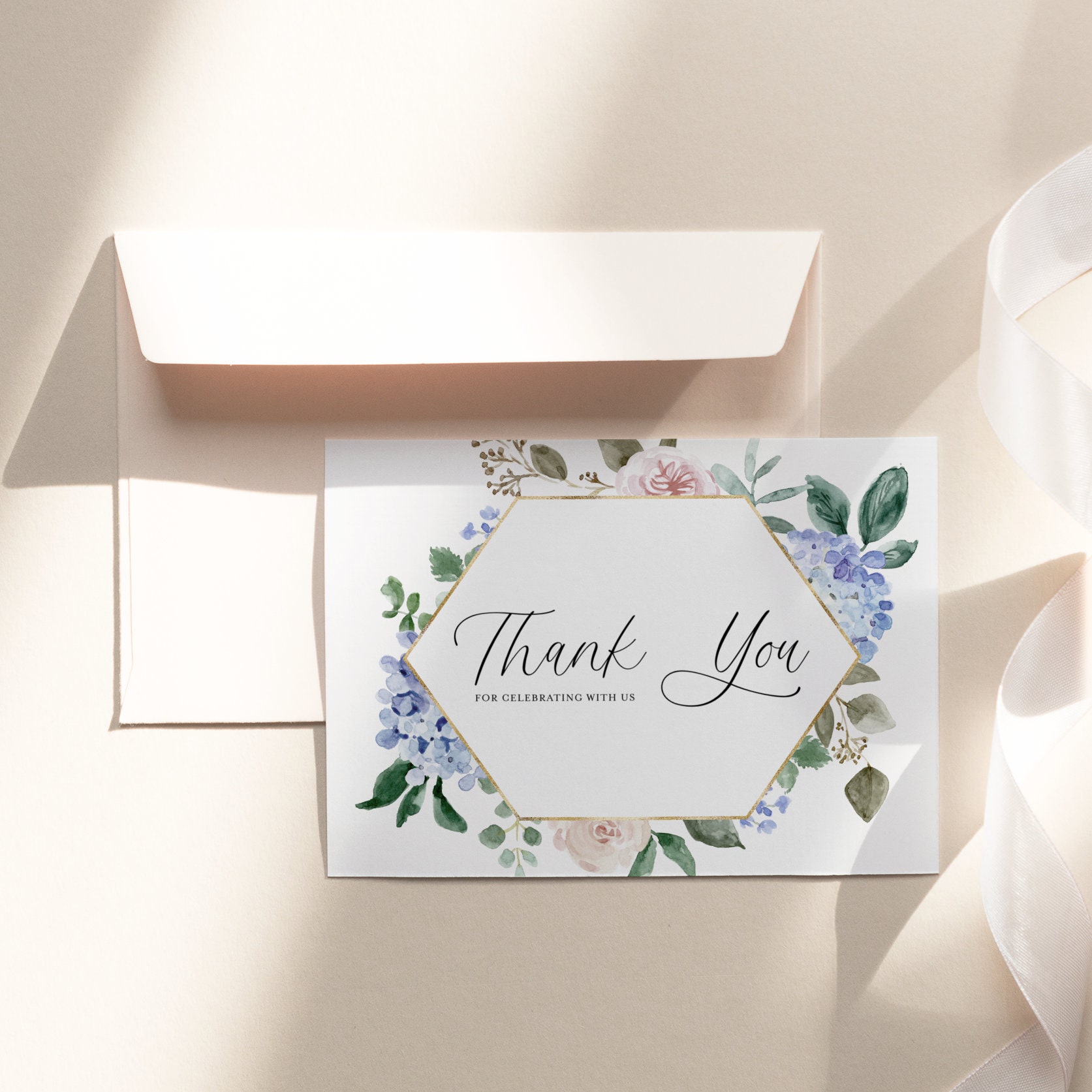 Blue Floral Thank You Card - Printable Watercolor Hydrangeas and Roses ...