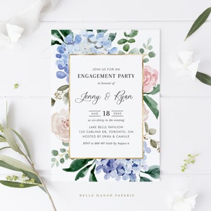 Printable Hydrangeas Engagement Party Invitation Template - DIY Watercolor Blue Hydrangeas and Roses Couples Shower Invite - Editable BHR5