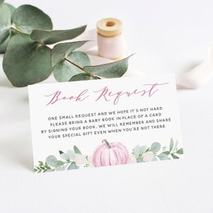 Afdrukbare roze pompoen herfstboek verzoekkaart - rustieke herfst, breng een boek mee in plaats van een kaart babyshower - pompoenboeken voor babykaart WK85