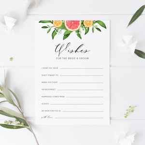 Deseos imprimibles para la tarjeta de novia y novio - Tarjeta de deseos de boda de guirnalda de pomelos y naranjas de acuarela - Descarga instantánea #013