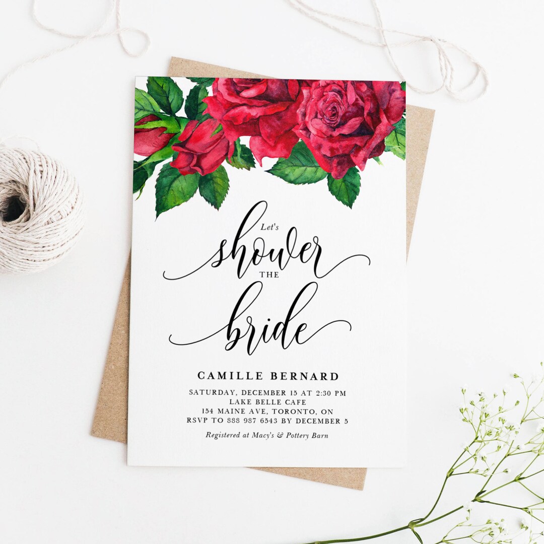 Printable Red Roses Bridal Shower Invitation Template - Let's Shower ...