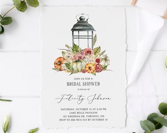 Printable Fall Lantern Bridal Shower Invitation Template - Editable Watercolor Pumpkins, Flowers, Lantern Autumn Bridal Shower Invite AFL8