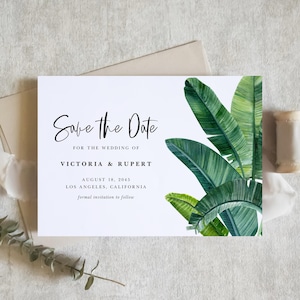 Druckbare tropische Save the Date Vorlage, DIY Aquarell Banane Palmenblätter Sommer Save the Date Ankündigung, bearbeitbare Save the Date WBL32