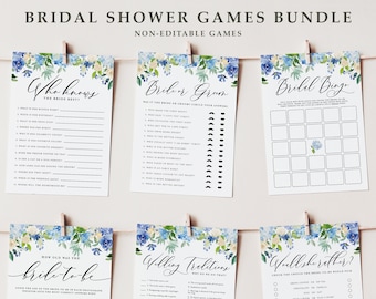 Printable Hydrangea Bridal Shower Games Bundle - 6 Games Bundle - Blue Hydrangeas Wedding Shower Games Bundle, Bachelorette Party Games 024