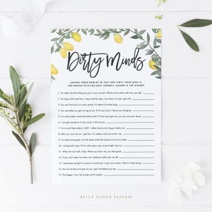 Jogo Boho Lemon Dirty Minds para impressão, cartão de jogo de chá de panela de limão, jogo engraçado de casamento Dirty Minds, jogo de chá de casamento de verão de limão BLW1