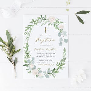 Printable Greenery Baptism Invitation Template - Watercolor Greenery White Floral Wreath Spring Christening Invitation - Editable Evite