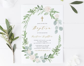May include: A baptism invitation with a watercolor wreath of white roses and green leaves. The text reads "Join us for the Baptism of our daughter Kristine Leighlen. Sunday, July 28 at 10:30 AM St. Paul Chapel 741 Slater St. Park City, UT Luncheon to follow The Sullivan Home 15 Slater St, Park City, UT rsvp to 888 987 6543 by July 15"