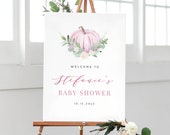 Printable Pink Pumpkin Baby Shower Welcome Sign Template - Little Pumpkin on the Way Fall Girl Baby Shower Sign - Editable Baby Shower WK85