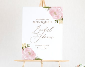 INSTANT DOWNLOAD - Floral Welcome Sign Template - Watercolor Blush Pink Peonies Bridal Shower Welcome Sign - 18x24 Printable Welcome Sign