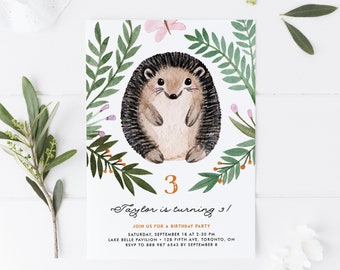 Plantilla de invitación de fiesta de cumpleaños para niños de erizo imprimible - Invitación de primer cumpleaños de verde de erizo de acuarela lindo DIY - Editable CWH65