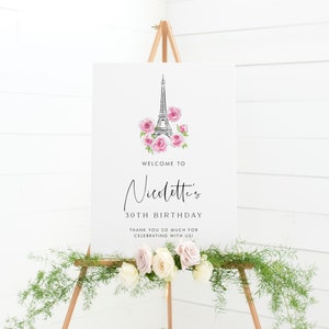 Printable Parisian Birthday Welcome Sign Template - 18x24 Printable Eiffel Tower and Pink Roses Floral Birthday Party Sign - Editable OH45