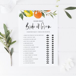 Citrus Botanical He Said She Said Game Card - Printable Watercolor Lemons and Oranges Guess Who Said It Shower Card - Instant Download BC85