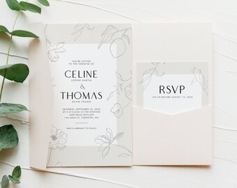 DIY Gray Minimalist Floral Wedding Invitation Set Template - Printable Modern Botanical Invite & RSVP Wedding Suite - Editable Wedding #335
