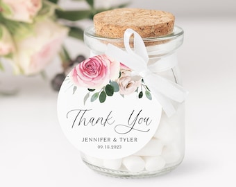 Floral Printable Wedding Thank You Circle Tag or Sticker Template - DIY Pink and Ivory Watercolor Roses Circle & Square Favor Tag PIR8