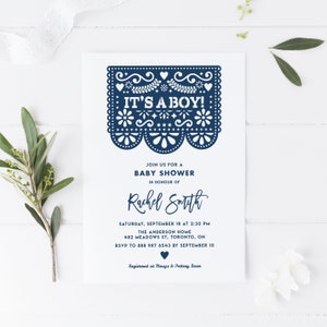 Printable Baby Shower Invitation Template - Editable Blue Papel Picado Fiesta It's a Boy Baby Shower Evite - Customizable Colors PPX84