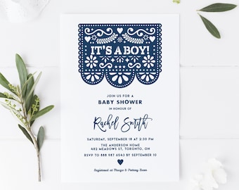 Druckbare Babypartyeinladungsvorlage - Bearbeitbare Blaue Papel Picado Fiesta Es ist eine Junge-Babyparty Evite - Anpassbare Farben PPX84
