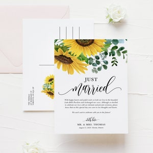 Modèle de carte postale imprimable faire-part de mariage tournesols et eucalyptus - invitation de faire-part de mariage tournesols et eucalyptus - entièrement modifiable