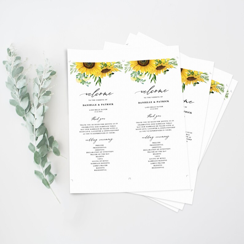 May include: A welcome sign for a wedding ceremony with a sunflower design. The sign includes the names Danielle and Patrick, the date of the wedding, and a list of the wedding ceremony events.