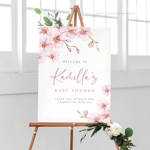 Printable Pink Orchids Baby Shower Welcome Sign Template - Editable  18x24 Watercolor Blush Pink Orchids Baby Shower Welcome Sign PO97
