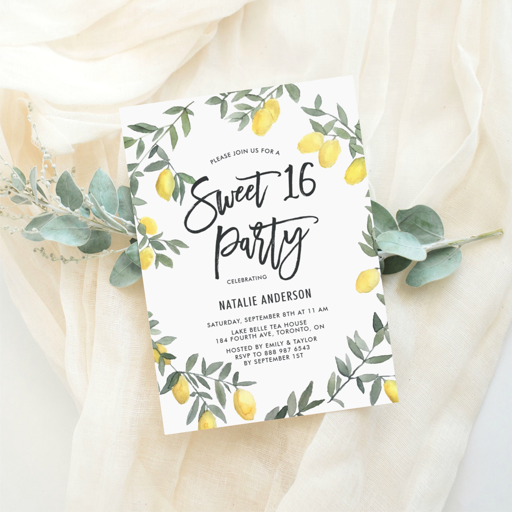 Editable BLW1 Boho Lemon Wreath Sweet 16 Party Invitation Template Printable Rustic Watercolor Lemon Wreath Summer Sweet Sixteen Invite