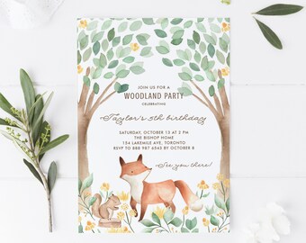 Woodland Fox Kids Birthday Invitation Template - Printable Watercolor Woodland Fox Forest First Birthday Invite - DIY Editable WF01