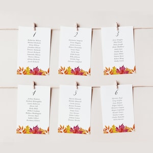 Modèle de cartes de sièges mariage automne rustique - imprimable 4 x 6 et 4 x 9 aquarelle chute feuilles plan de table de mariage automne - bricolage modifiable WFL18