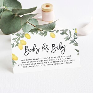 Boho Lemon Book Request Card - Afdrukbare rustieke aquarel Citroenslinger Breng een boek in plaats van een kaart - Zomer Baby Shower Insert BLW1