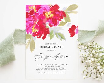 Printable Floral Bridal Shower Invitation Template - Hand Painted Hot Pink Flowers Bridal Brunch Evite - Editable Couples Shower Invite FW12