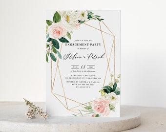 Printable Geometric Bridal Shower Invitation Template - Watercolor Blush Floral Gold Geometric Bridal Shower Evite - Editable Invite PWF65