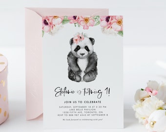Printable Panda First Bithday Invitation Template - DIY Watercolor Baby Panda Pink Flowers Bithday Party Invite - Editable Invitation WCP42
