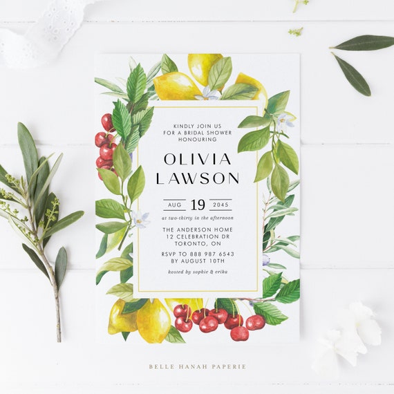 Printable Lemon Bridal Shower Invitation Template - Watercolor Lemon and Cranberry Summer Wedding Shower Evite - Editable Invitation LC89