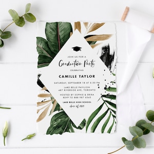 Printable Tropical Graduation Invitation Template - DIY Watercolor Tropical Leaves Gold Summer Graduation Party Evite - Editable Invite TF40