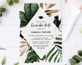 Printable Tropical Graduation Invitation Template - DIY Watercolor Tropical Leaves Gold Summer Graduation Party Evite - Editable Invite TF40