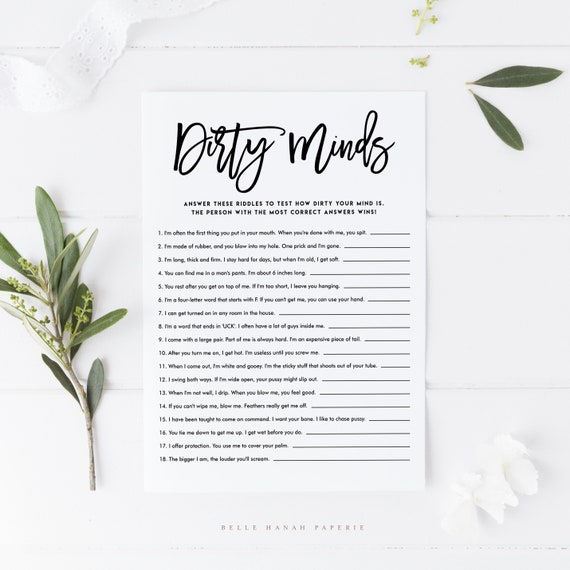 Printable Calligraphy Dirty Minds Game Card - Amelia Script Dirty Riddles Bridal Shower Game, Bachelorette Party Game - Instant Download